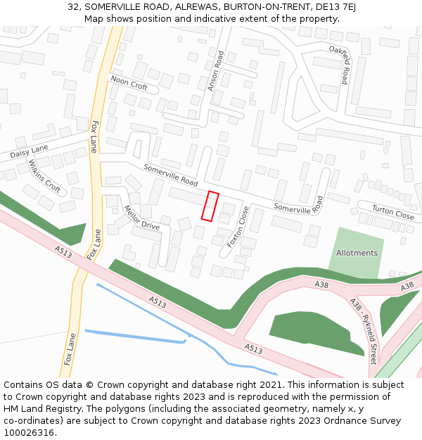 32, SOMERVILLE ROAD, ALREWAS, BURTON-ON-TRENT, DE13 7EJ: Location map and indicative extent of plot