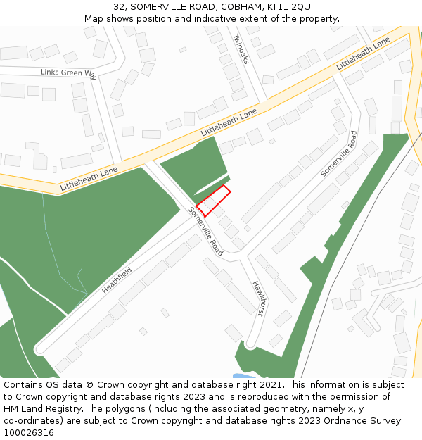 32, SOMERVILLE ROAD, COBHAM, KT11 2QU: Location map and indicative extent of plot