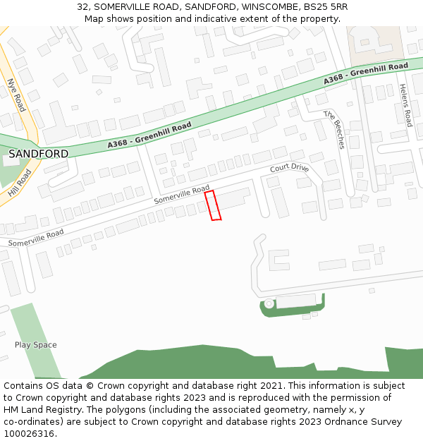 32, SOMERVILLE ROAD, SANDFORD, WINSCOMBE, BS25 5RR: Location map and indicative extent of plot