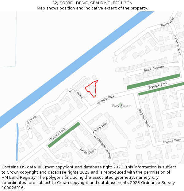 32, SORREL DRIVE, SPALDING, PE11 3GN: Location map and indicative extent of plot