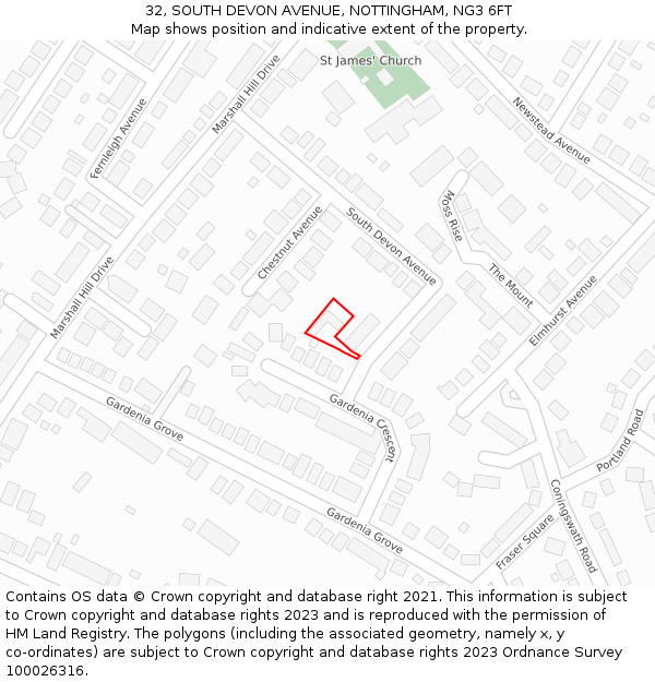 32, SOUTH DEVON AVENUE, NOTTINGHAM, NG3 6FT: Location map and indicative extent of plot