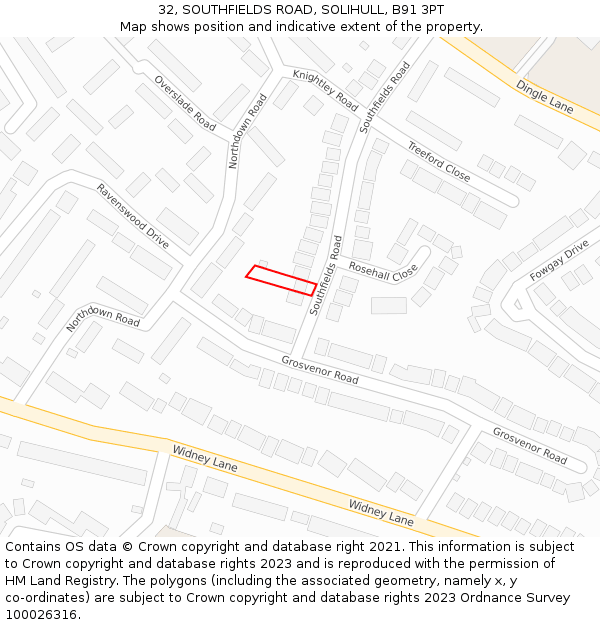 32, SOUTHFIELDS ROAD, SOLIHULL, B91 3PT: Location map and indicative extent of plot