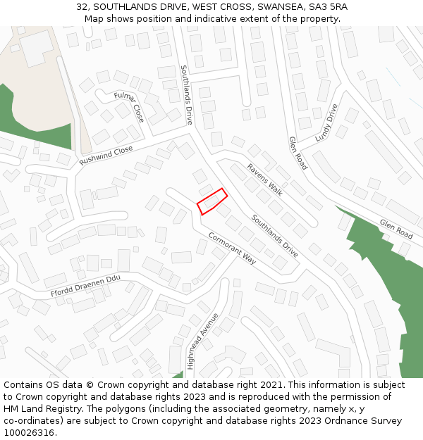 32, SOUTHLANDS DRIVE, WEST CROSS, SWANSEA, SA3 5RA: Location map and indicative extent of plot