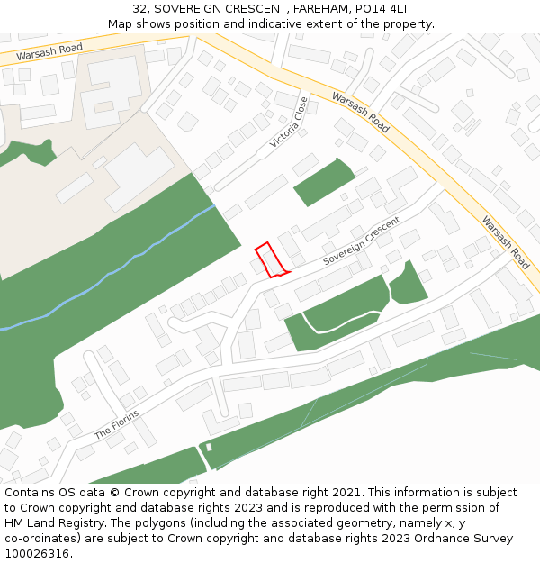 32, SOVEREIGN CRESCENT, FAREHAM, PO14 4LT: Location map and indicative extent of plot