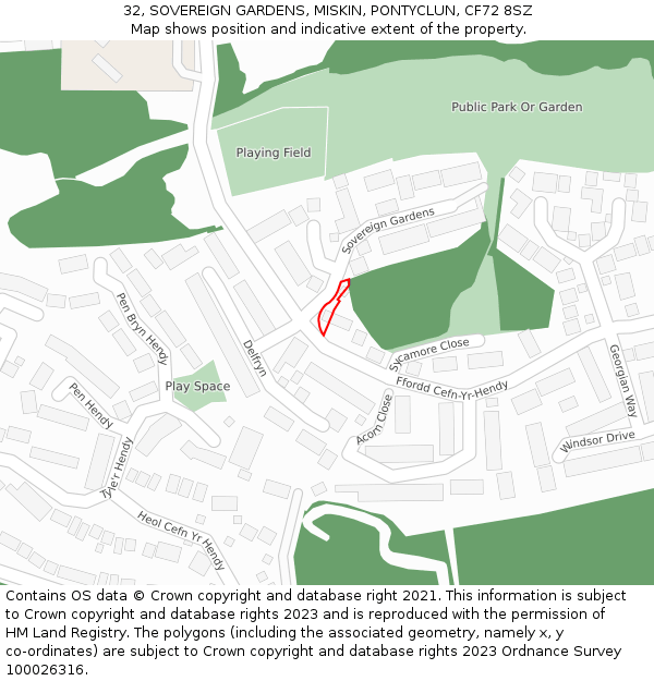 32, SOVEREIGN GARDENS, MISKIN, PONTYCLUN, CF72 8SZ: Location map and indicative extent of plot