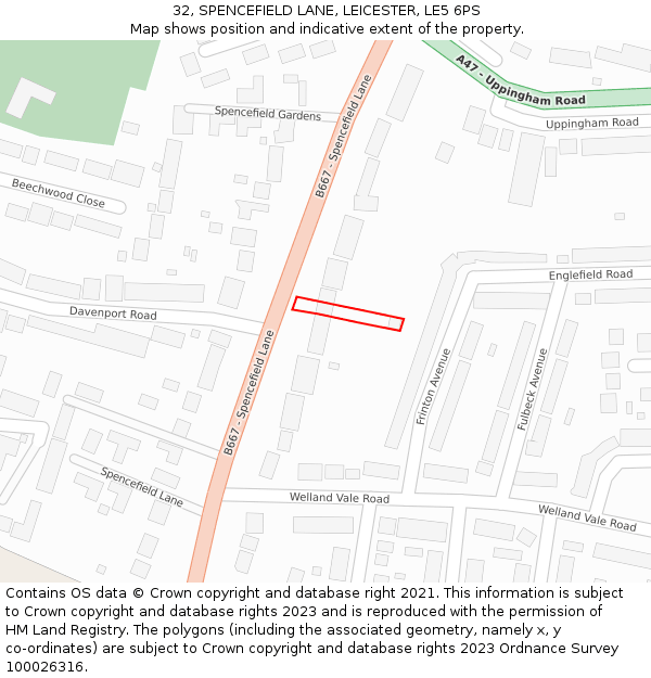 32, SPENCEFIELD LANE, LEICESTER, LE5 6PS: Location map and indicative extent of plot