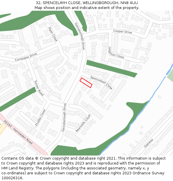 32, SPENCELAYH CLOSE, WELLINGBOROUGH, NN8 4UU: Location map and indicative extent of plot