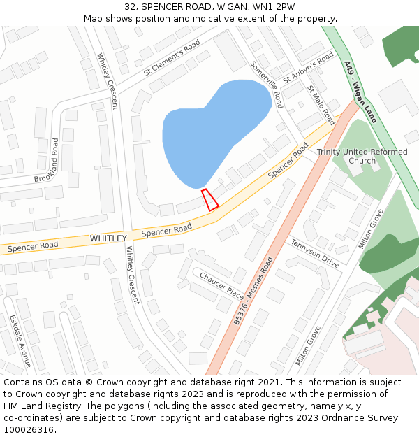 32, SPENCER ROAD, WIGAN, WN1 2PW: Location map and indicative extent of plot