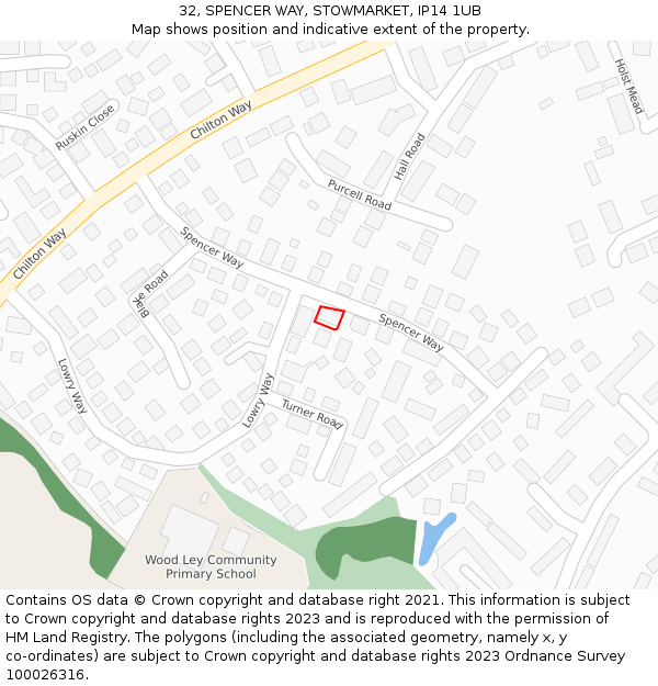 32, SPENCER WAY, STOWMARKET, IP14 1UB: Location map and indicative extent of plot