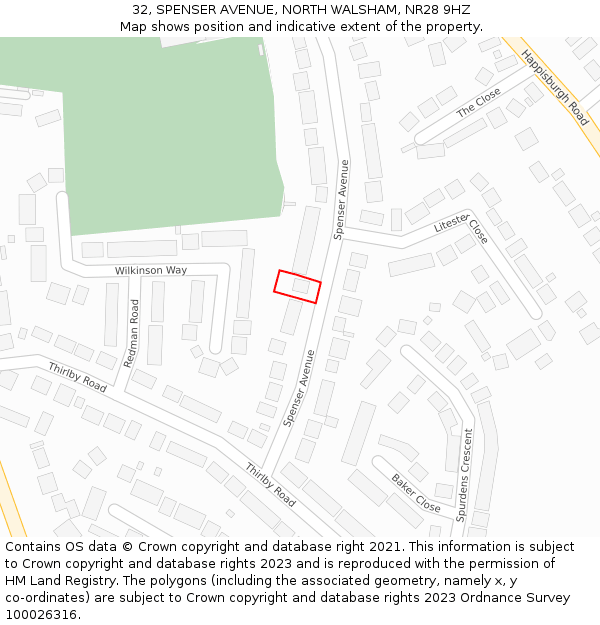 32, SPENSER AVENUE, NORTH WALSHAM, NR28 9HZ: Location map and indicative extent of plot