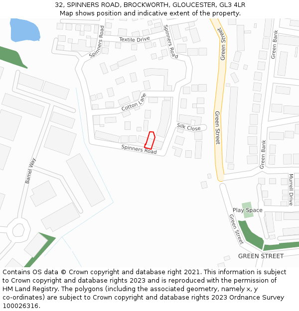 32, SPINNERS ROAD, BROCKWORTH, GLOUCESTER, GL3 4LR: Location map and indicative extent of plot