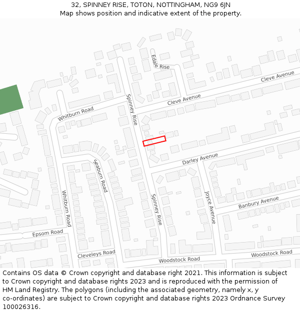 32, SPINNEY RISE, TOTON, NOTTINGHAM, NG9 6JN: Location map and indicative extent of plot