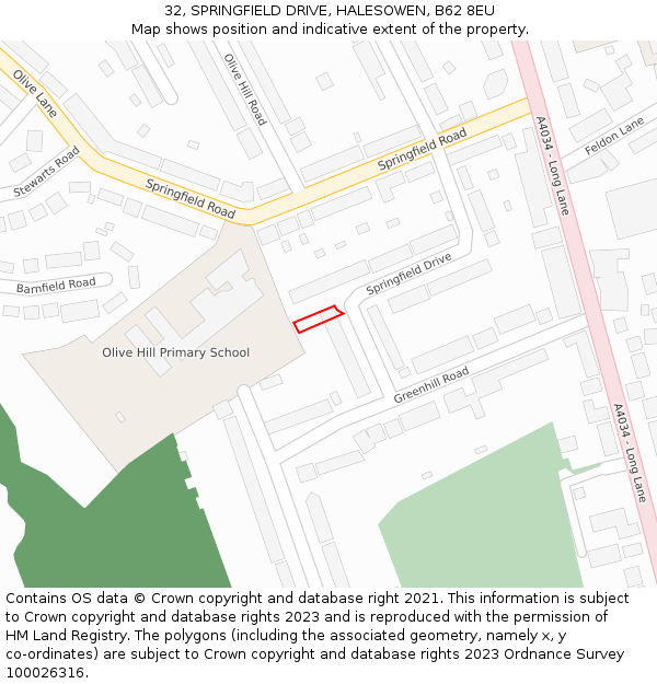 32, SPRINGFIELD DRIVE, HALESOWEN, B62 8EU: Location map and indicative extent of plot
