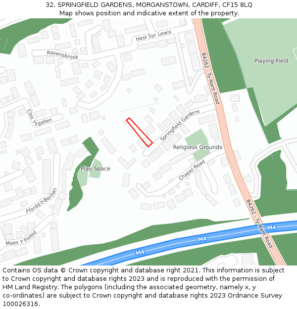 32, SPRINGFIELD GARDENS, MORGANSTOWN, CARDIFF, CF15 8LQ: Location map and indicative extent of plot