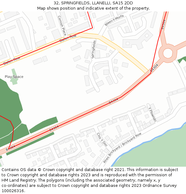 32, SPRINGFIELDS, LLANELLI, SA15 2DD: Location map and indicative extent of plot