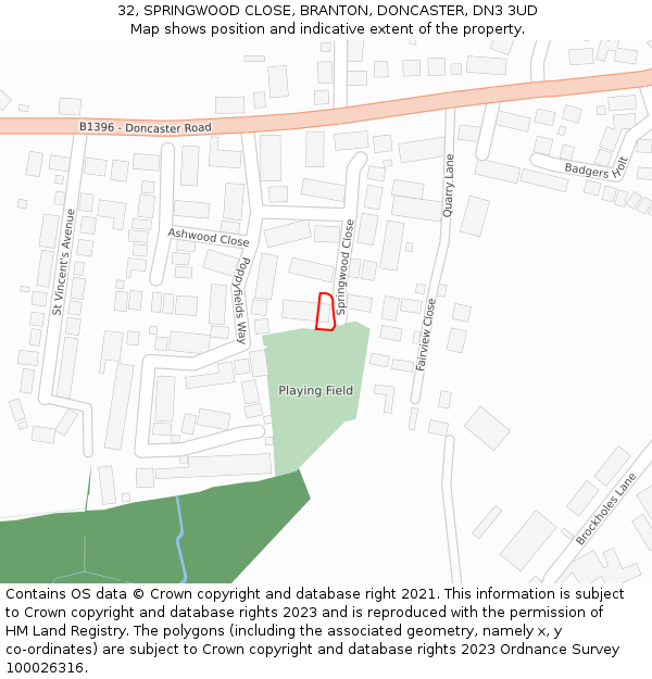 32, SPRINGWOOD CLOSE, BRANTON, DONCASTER, DN3 3UD: Location map and indicative extent of plot