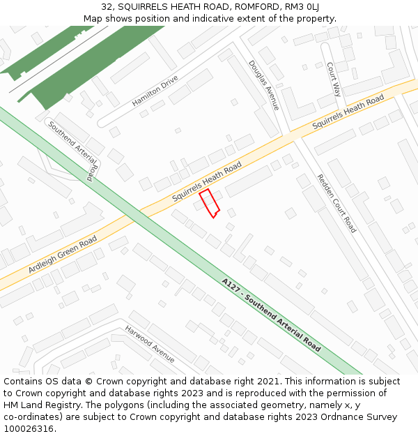 32, SQUIRRELS HEATH ROAD, ROMFORD, RM3 0LJ: Location map and indicative extent of plot