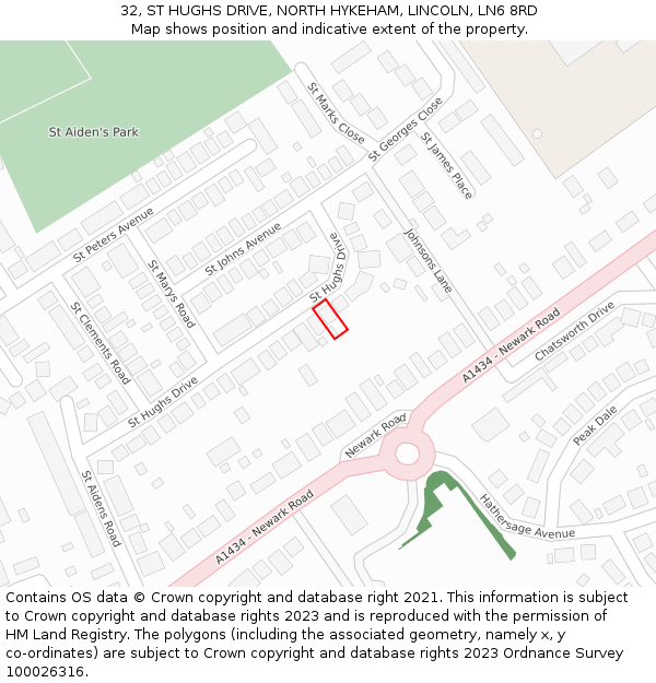 32, ST HUGHS DRIVE, NORTH HYKEHAM, LINCOLN, LN6 8RD: Location map and indicative extent of plot