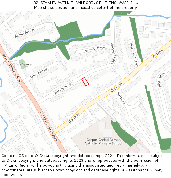 32, STANLEY AVENUE, RAINFORD, ST HELENS, WA11 8HU: Location map and indicative extent of plot