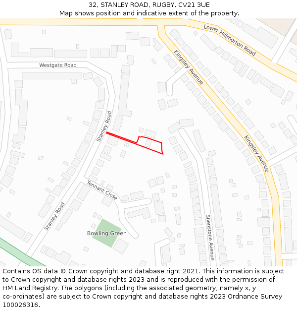 32, STANLEY ROAD, RUGBY, CV21 3UE: Location map and indicative extent of plot