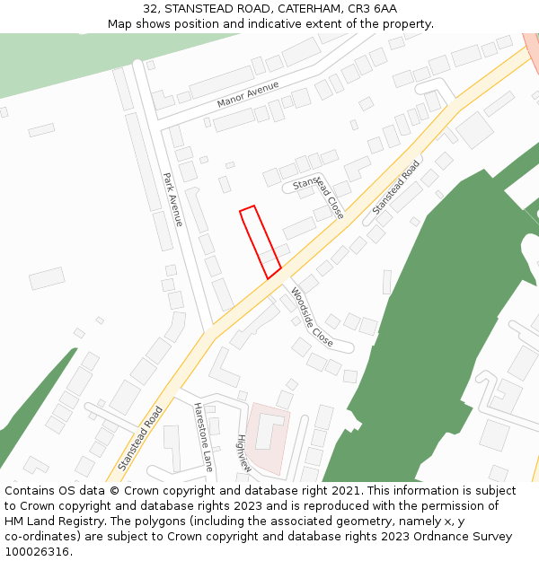 32, STANSTEAD ROAD, CATERHAM, CR3 6AA: Location map and indicative extent of plot