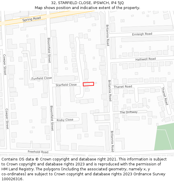 32, STARFIELD CLOSE, IPSWICH, IP4 5JQ: Location map and indicative extent of plot