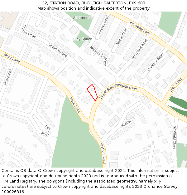 32, STATION ROAD, BUDLEIGH SALTERTON, EX9 6RR: Location map and indicative extent of plot