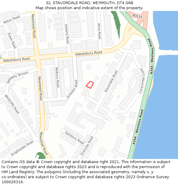 32, STAVORDALE ROAD, WEYMOUTH, DT4 0AB: Location map and indicative extent of plot