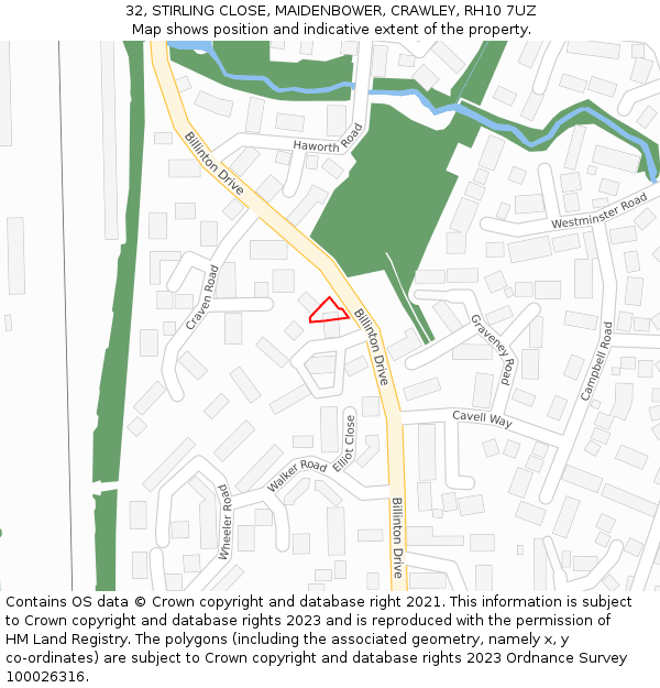 32, STIRLING CLOSE, MAIDENBOWER, CRAWLEY, RH10 7UZ: Location map and indicative extent of plot