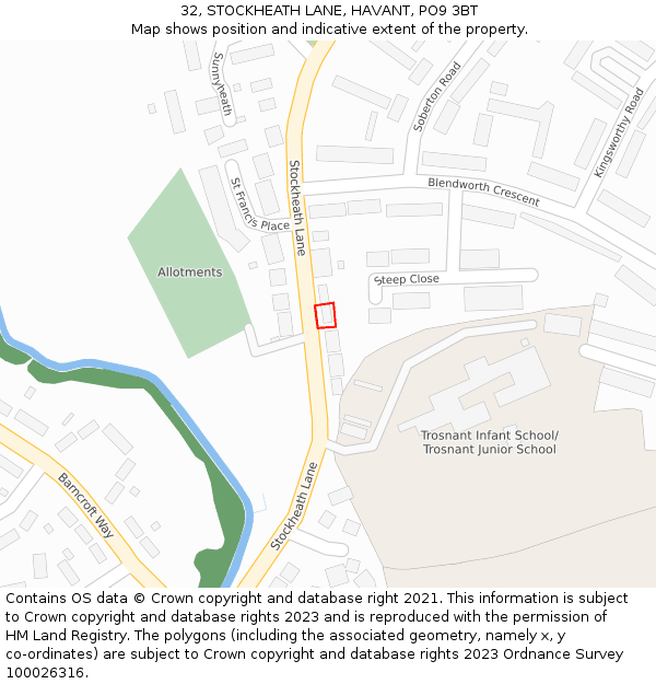 32, STOCKHEATH LANE, HAVANT, PO9 3BT: Location map and indicative extent of plot