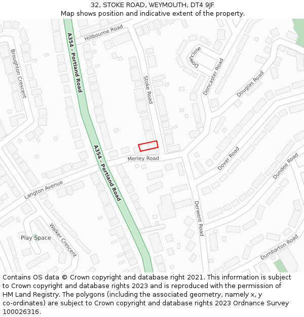 32, STOKE ROAD, WEYMOUTH, DT4 9JF: Location map and indicative extent of plot