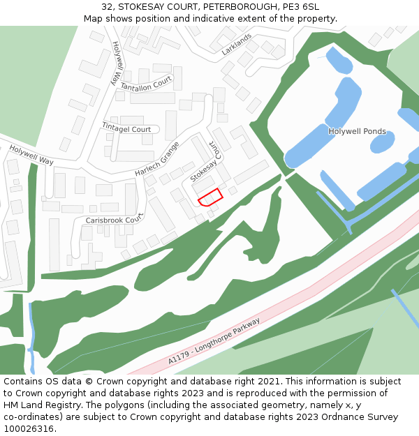 32, STOKESAY COURT, PETERBOROUGH, PE3 6SL: Location map and indicative extent of plot