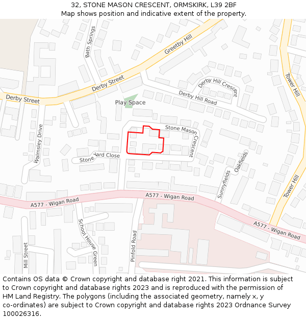 32, STONE MASON CRESCENT, ORMSKIRK, L39 2BF: Location map and indicative extent of plot