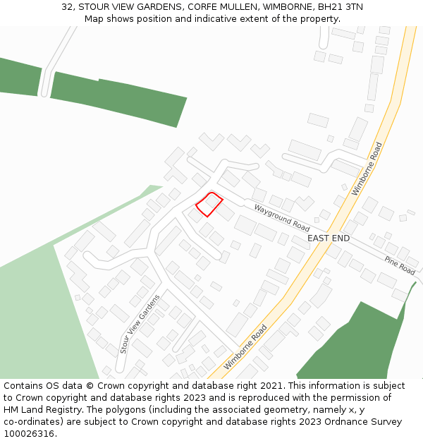 32, STOUR VIEW GARDENS, CORFE MULLEN, WIMBORNE, BH21 3TN: Location map and indicative extent of plot