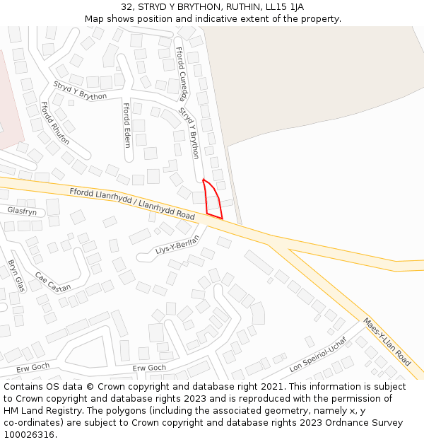 32, STRYD Y BRYTHON, RUTHIN, LL15 1JA: Location map and indicative extent of plot