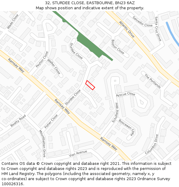 32, STURDEE CLOSE, EASTBOURNE, BN23 6AZ: Location map and indicative extent of plot