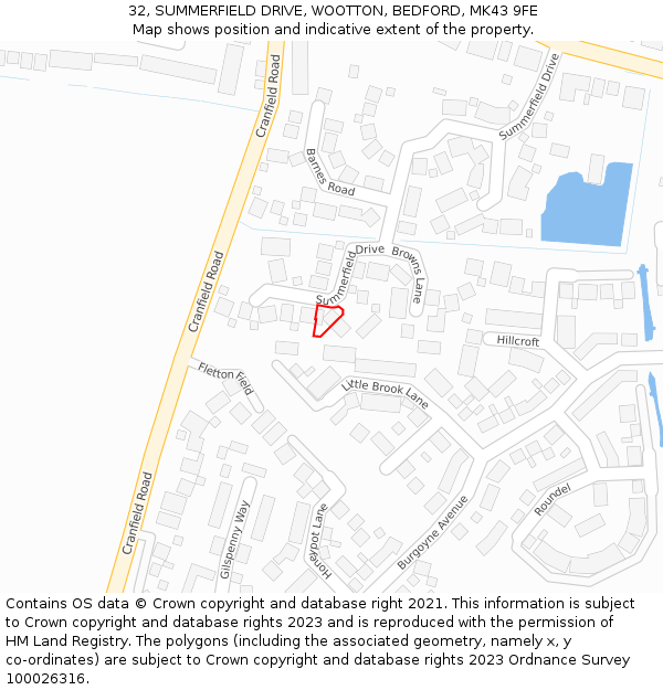 32, SUMMERFIELD DRIVE, WOOTTON, BEDFORD, MK43 9FE: Location map and indicative extent of plot