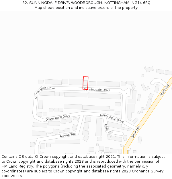 32, SUNNINGDALE DRIVE, WOODBOROUGH, NOTTINGHAM, NG14 6EQ: Location map and indicative extent of plot