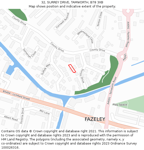 32, SURREY DRIVE, TAMWORTH, B78 3XB: Location map and indicative extent of plot