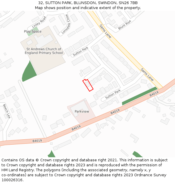 32, SUTTON PARK, BLUNSDON, SWINDON, SN26 7BB: Location map and indicative extent of plot