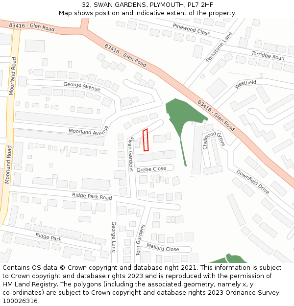 32, SWAN GARDENS, PLYMOUTH, PL7 2HF: Location map and indicative extent of plot