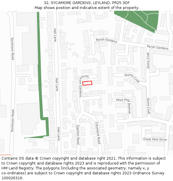 32, SYCAMORE GARDENS, LEYLAND, PR25 3DF: Location map and indicative extent of plot