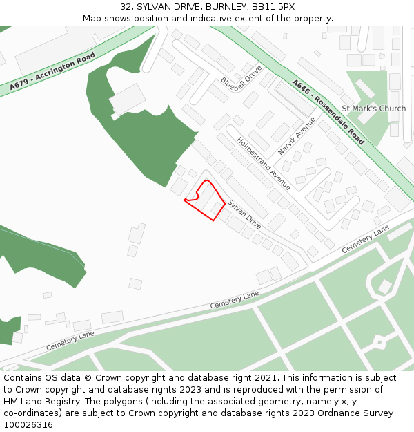 32, SYLVAN DRIVE, BURNLEY, BB11 5PX: Location map and indicative extent of plot