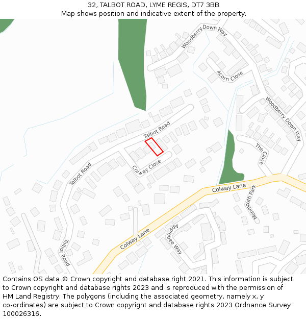 32, TALBOT ROAD, LYME REGIS, DT7 3BB: Location map and indicative extent of plot