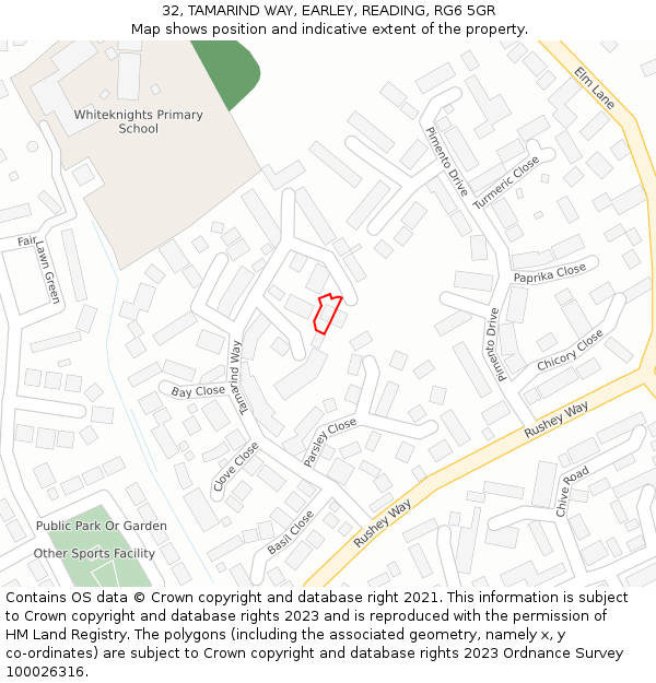 32, TAMARIND WAY, EARLEY, READING, RG6 5GR: Location map and indicative extent of plot