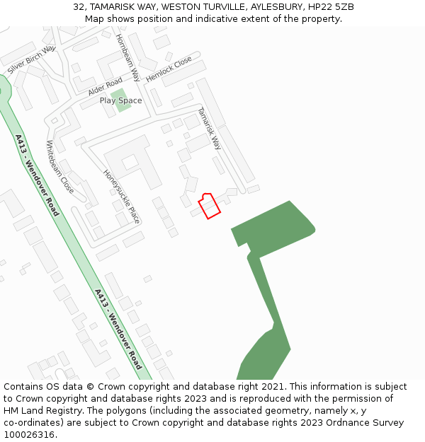 32, TAMARISK WAY, WESTON TURVILLE, AYLESBURY, HP22 5ZB: Location map and indicative extent of plot