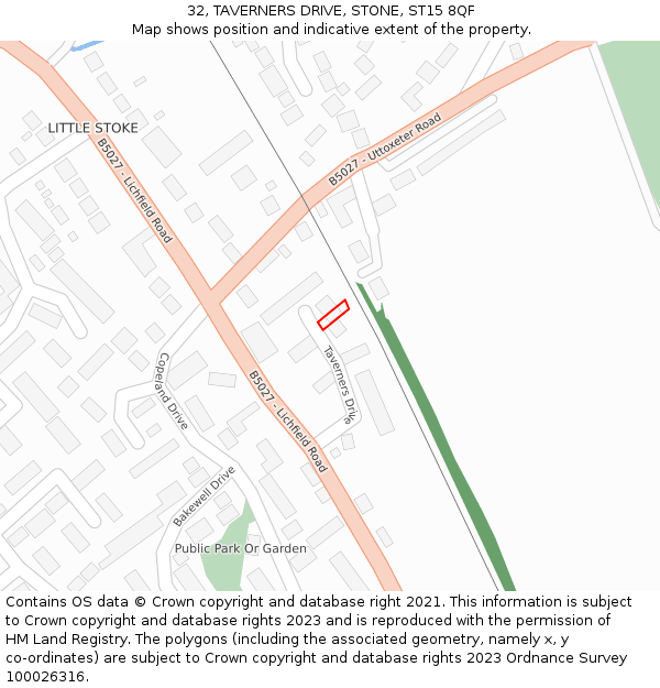 32, TAVERNERS DRIVE, STONE, ST15 8QF: Location map and indicative extent of plot