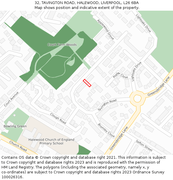 32, TAVINGTON ROAD, HALEWOOD, LIVERPOOL, L26 6BA: Location map and indicative extent of plot