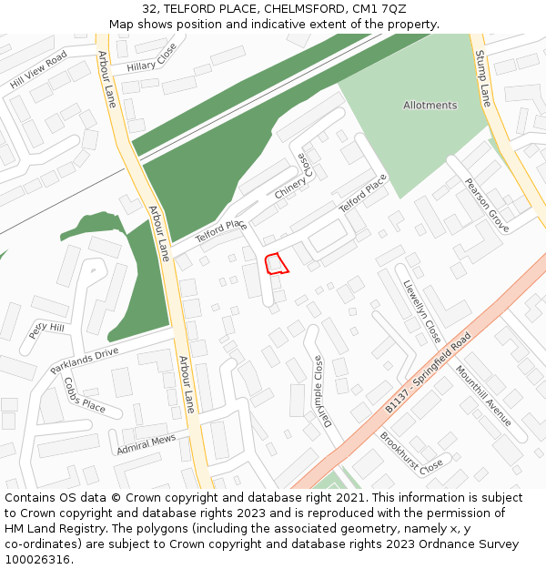 32, TELFORD PLACE, CHELMSFORD, CM1 7QZ: Location map and indicative extent of plot