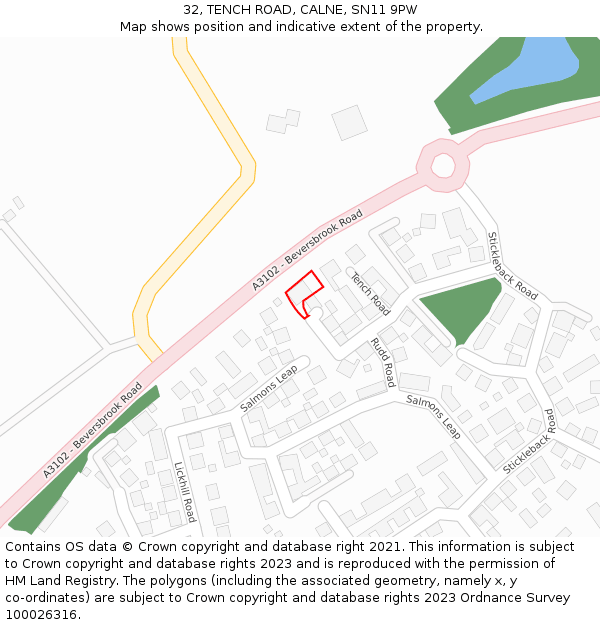 32, TENCH ROAD, CALNE, SN11 9PW: Location map and indicative extent of plot